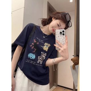 Áo thun nữ cổ tròn tay ngắn cotton, họa tiết hoạt hình