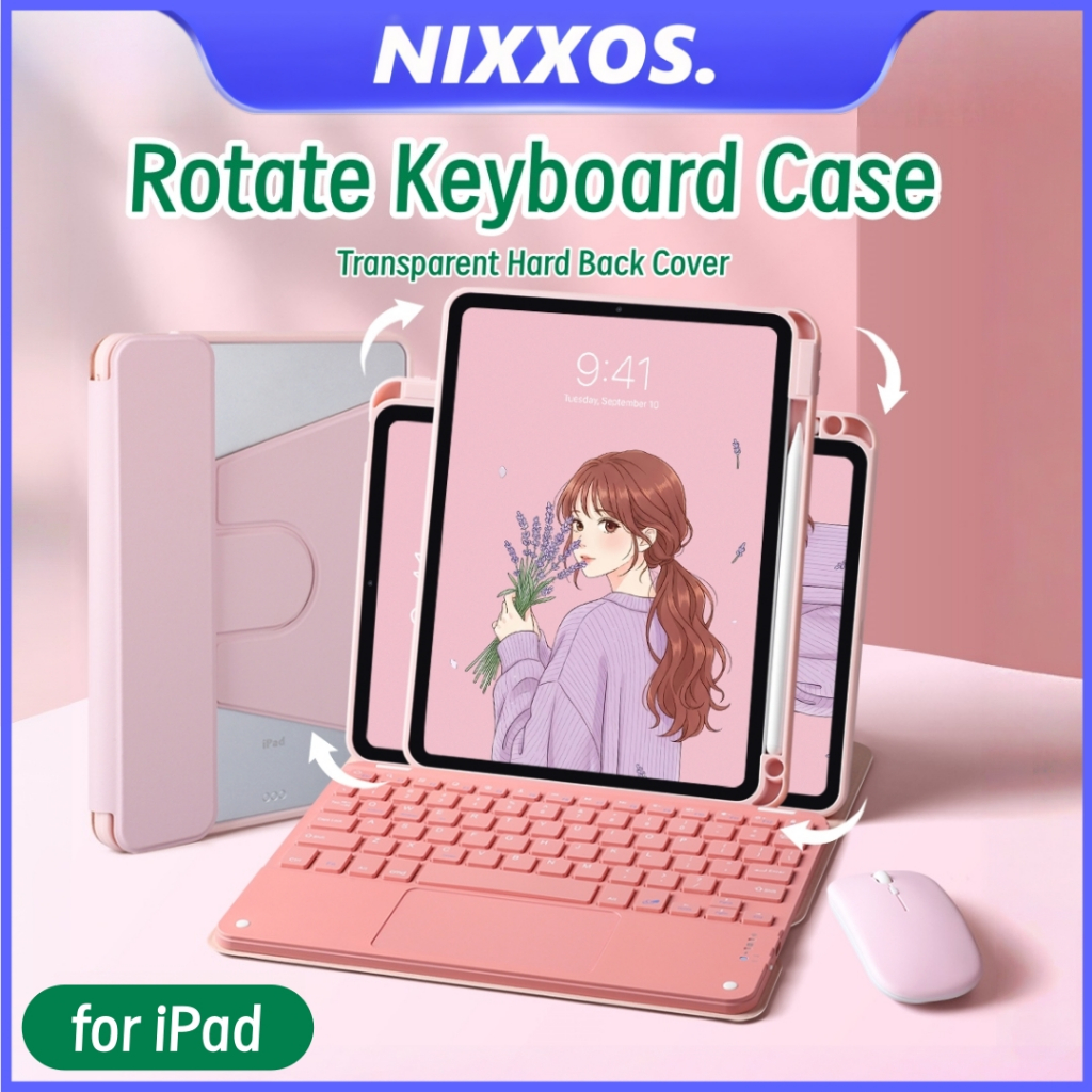 NIXXOS Bao da bàn phím cho iPad ốp xoay 720° kèm bàn phím touchpad ốp cứng acrylic trong suốt có khe đựng bút dành cho iPad A16, Gen 10, Air 11'', Air 10.9'', Pro 11'', iPad Gen 9/8/7