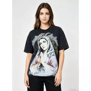 Unisex Vintage Rửa Rock Đường Phố Áo Thun Đau Khổ Kim Cương Giả Đính Hạt Cotton Nặng Tee