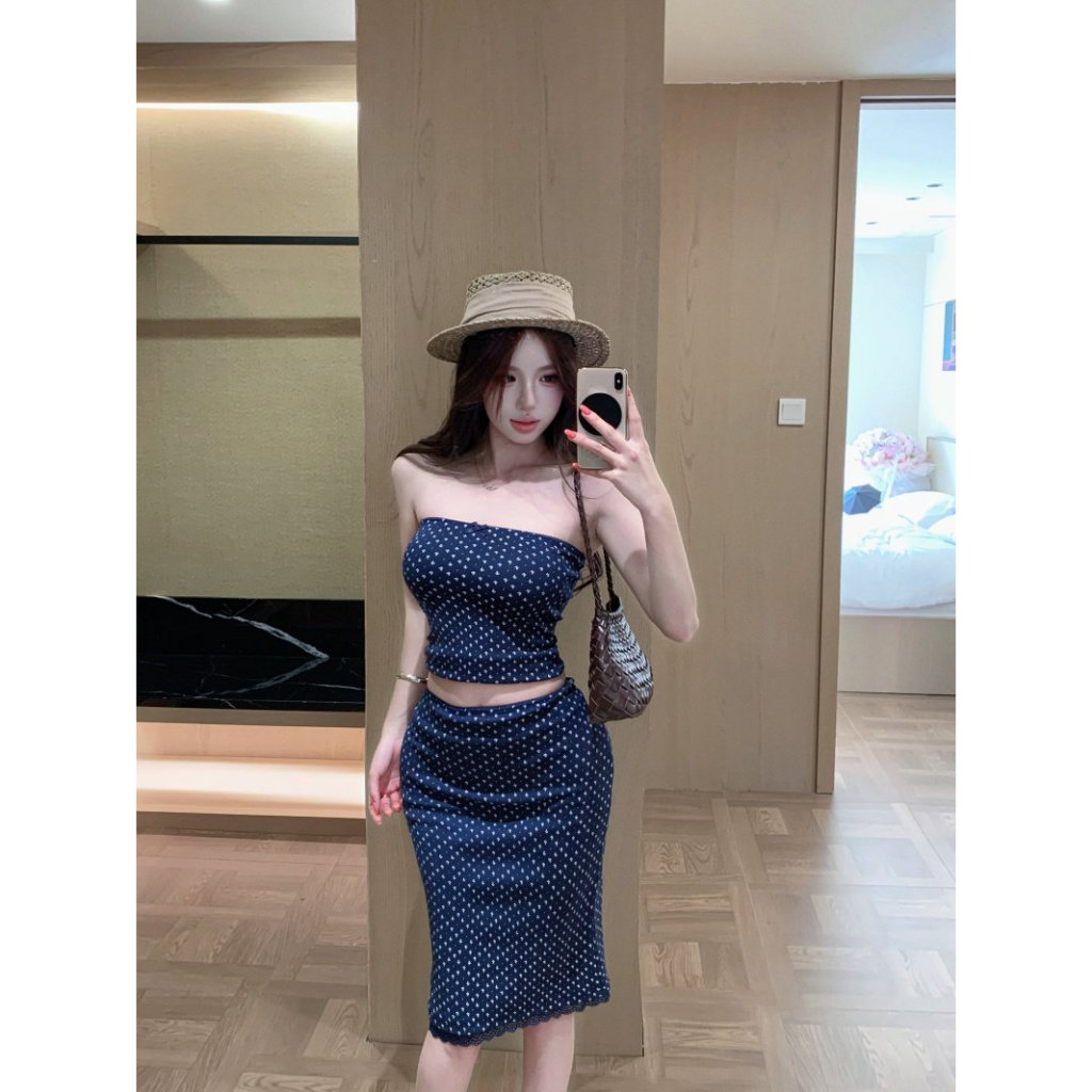 [BANKO] Bộ Đồ Hai Mảnh Phong Cách Hàn Quốc, Màu Xanh Hải Quân In Họa Tiết, Thích Hợp Cho Mùa Hè