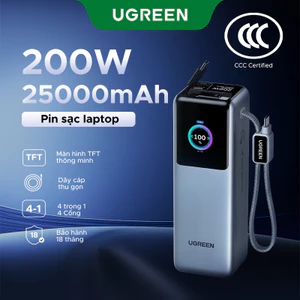 【Được chứng nhận CCC】UGREEN 200W 25000mAh Sạc nhanh Power Bank Cáp tích hợp kép Màn hình TFT thông minh Sạc pin cao cấp ô tô 4 thiết bị Tương thích cho Macbook Pro iPhone 17 Pro Max