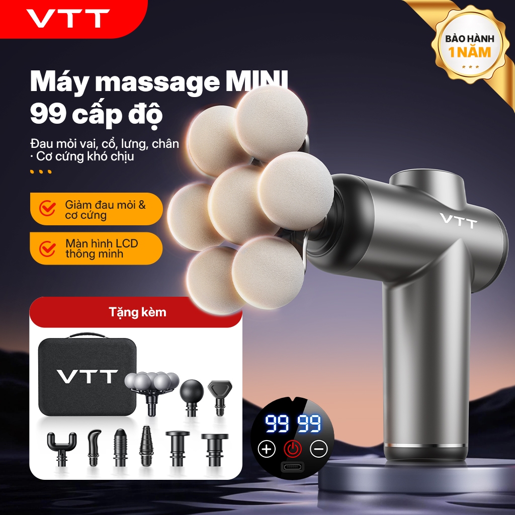Máy massage VTT – Đầu 7 chấu nâng cấp, 99 tốc độ, biên độ 12mm, màn hình LCD – Giảm đau cơ mọi nơi