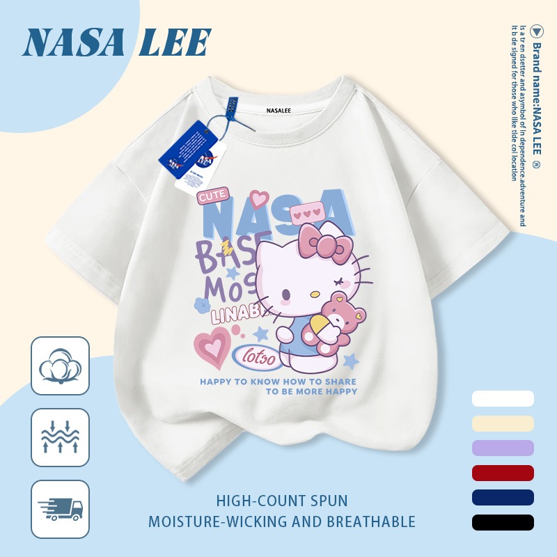 [Giao hàng trong ngày] Áo thun Cotton trắng nguyên chất thoáng khí cho trẻ em NASA Hello Kitty in hợp thời trang 3-16 tuổi Bé trai bé gái tay ngắn thông thường 1