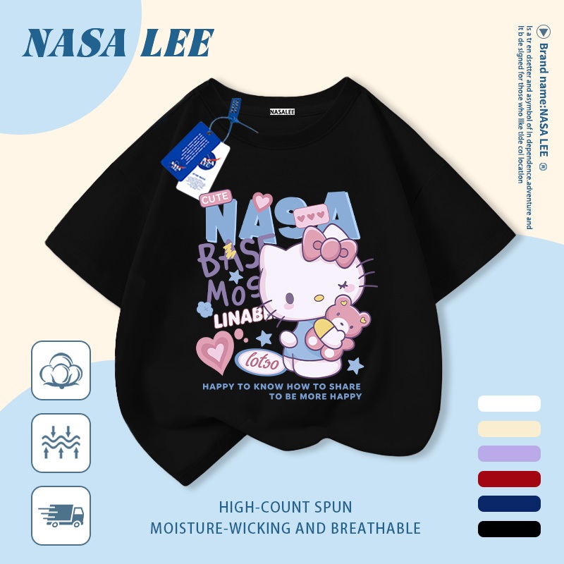 [Giao hàng trong ngày] Áo thun Cotton trắng nguyên chất thoáng khí cho trẻ em NASA Hello Kitty in hợp thời trang 3-16 tuổi Bé trai bé gái tay ngắn thông thường 1