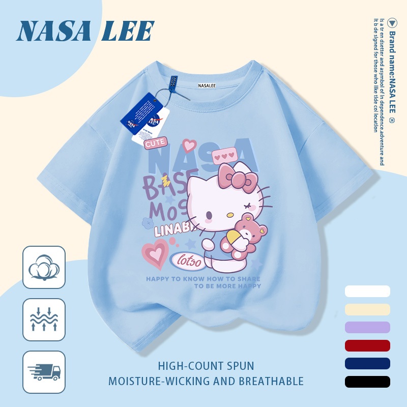 [Giao hàng trong ngày] Áo thun Cotton trắng nguyên chất thoáng khí cho trẻ em NASA Hello Kitty in hợp thời trang 3-16 tuổi Bé trai bé gái tay ngắn thông thường 1