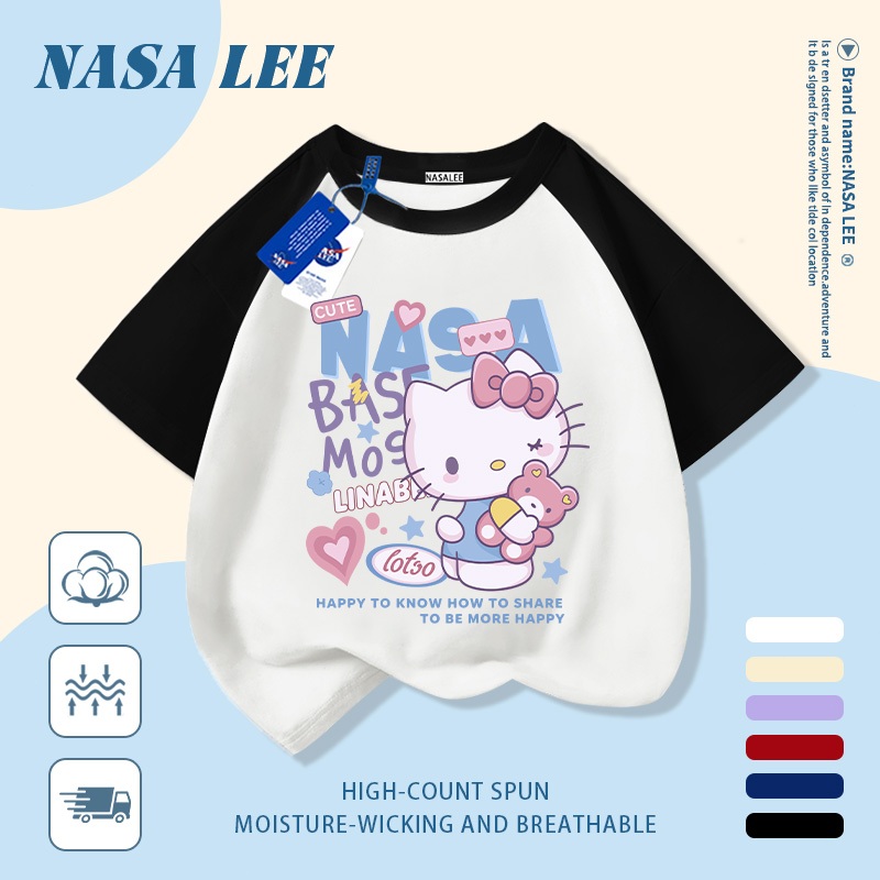 [Giao hàng trong ngày] Áo thun Cotton trắng nguyên chất thoáng khí cho trẻ em NASA Hello Kitty in hợp thời trang 3-16 tuổi Bé trai bé gái tay ngắn thông thường 1