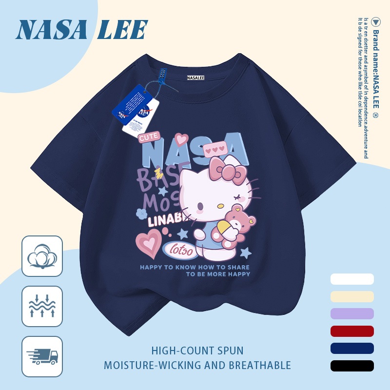 [Giao hàng trong ngày] Áo thun Cotton trắng nguyên chất thoáng khí cho trẻ em NASA Hello Kitty in hợp thời trang 3-16 tuổi Bé trai bé gái tay ngắn thông thường 1
