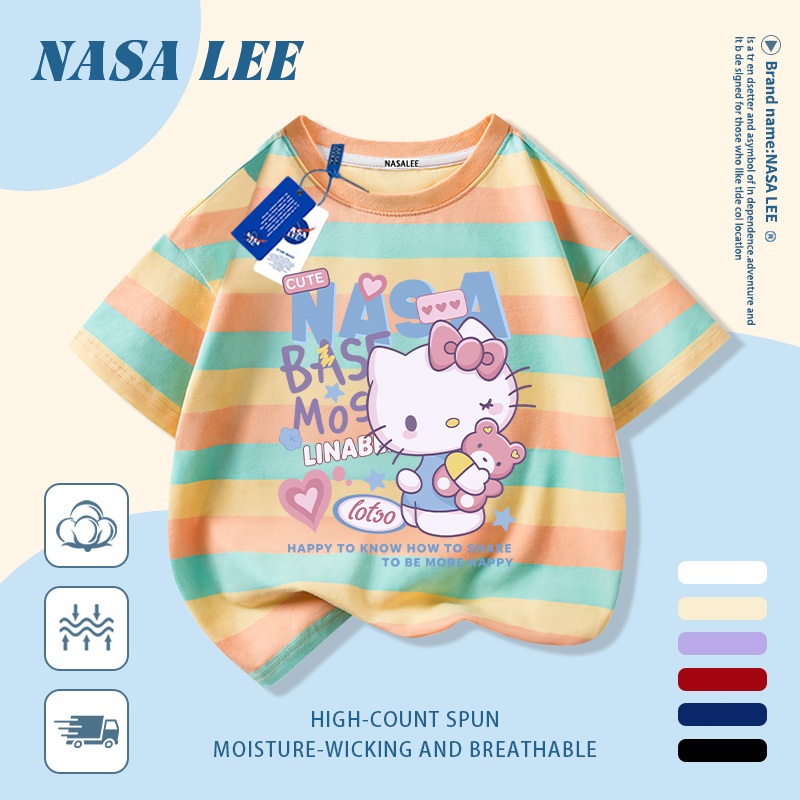 [Giao hàng trong ngày] Áo thun Cotton trắng nguyên chất thoáng khí cho trẻ em NASA Hello Kitty in hợp thời trang 3-16 tuổi Bé trai bé gái tay ngắn thông thường 1