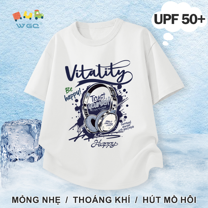 W.G.Q Áo thun bé trai，phong cách mới mùa hè có chức năng chống nắng UPF50 +，mát mẻ thoải mái，thoáng khí thấm mồ hôi có in tai nghe