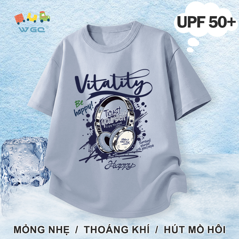 W.G.Q Áo thun bé trai，phong cách mới mùa hè có chức năng chống nắng UPF50 +，mát mẻ thoải mái，thoáng khí thấm mồ hôi có in tai nghe