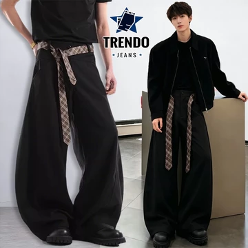 TRENDO quần ống rộng thắt lưng kẻ sọc cho nam Quần đa năng nam nữ màu đen phong cách Mỹ quần ống rộng thông thường Ống rộng Nam Nữ thiết kế xếp ly, cạp cao kèm dây chỉnh eo Unisex nữ, thiết kế phối dâ