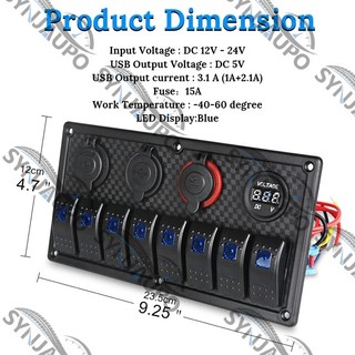 Bảng điều khiển công tắc biển thuyền chống nước + Ổ cắm điện USB + Bật lửa thuốc lá kép + Vôn kế Led 8 Gang Bảng điều khiển công tắc Rocker trên ô tô