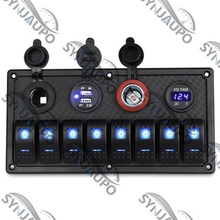 Bảng điều khiển công tắc biển thuyền chống nước + Ổ cắm điện USB + Bật lửa thuốc lá kép + Vôn kế Led 8 Gang Bảng điều khiển công tắc Rocker trên ô tô