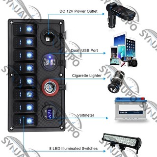 Bảng điều khiển công tắc biển thuyền chống nước + Ổ cắm điện USB + Bật lửa thuốc lá kép + Vôn kế Led 8 Gang Bảng điều khiển công tắc Rocker trên ô tô