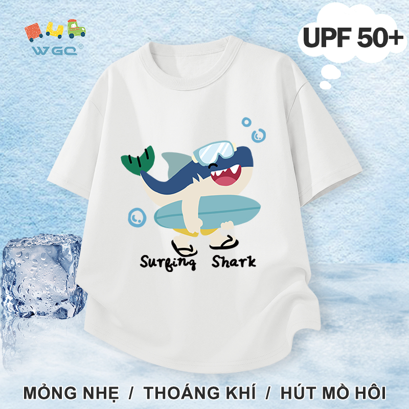 W.G.Q Áo thun bé trai，Phong cách mới mùa hè với in hình cá mập，chức năng chống nắng UPF50 +，Thoáng khí thoải mái