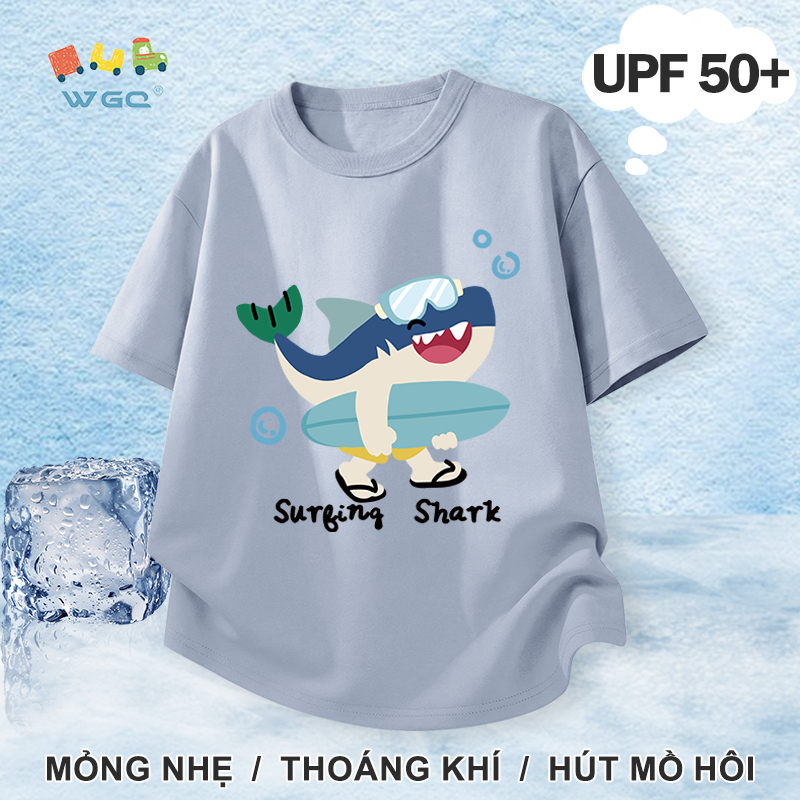 W.G.Q Áo thun bé trai，Phong cách mới mùa hè với in hình cá mập，chức năng chống nắng UPF50 +，Thoáng khí thoải mái