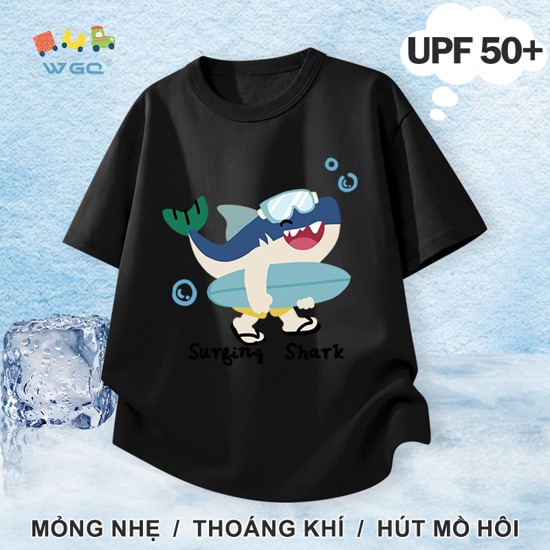 W.G.Q Áo thun bé trai，Phong cách mới mùa hè với in hình cá mập，chức năng chống nắng UPF50 +，Thoáng khí thoải mái