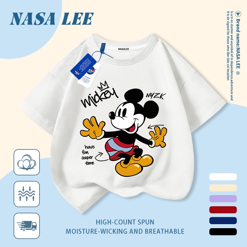 [Giao hàng trong ngày] Áo thun Cotton trắng nguyên chất thoáng khí cho trẻ em NASA Mickey in hình hợp thời trang 3-16 tuổi bé trai bé gái tay ngắn thông thường 33