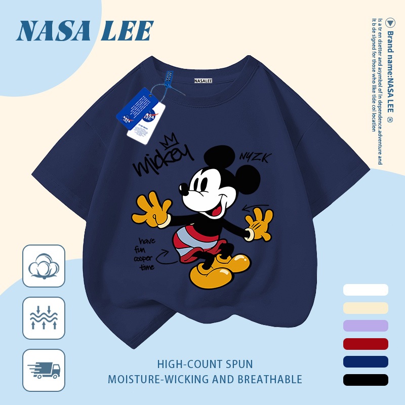[Giao hàng trong ngày] Áo thun Cotton trắng nguyên chất thoáng khí cho trẻ em NASA Mickey in hình hợp thời trang 3-16 tuổi bé trai bé gái tay ngắn thông thường 33
