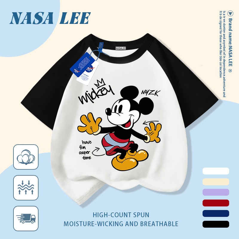 [Giao hàng trong ngày] Áo thun Cotton trắng nguyên chất thoáng khí cho trẻ em NASA Mickey in hình hợp thời trang 3-16 tuổi bé trai bé gái tay ngắn thông thường 33