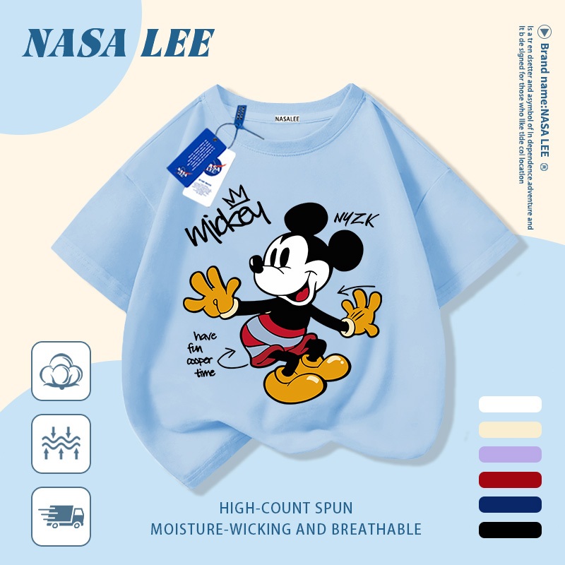 [Giao hàng trong ngày] Áo thun Cotton trắng nguyên chất thoáng khí cho trẻ em NASA Mickey in hình hợp thời trang 3-16 tuổi bé trai bé gái tay ngắn thông thường 33