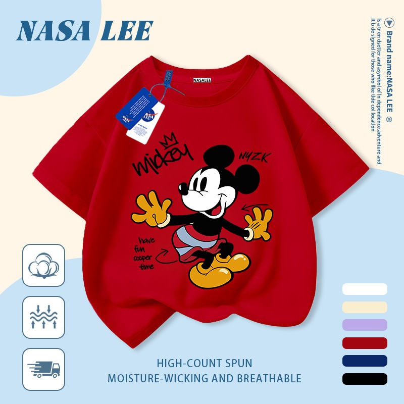 [Giao hàng trong ngày] Áo thun Cotton trắng nguyên chất thoáng khí cho trẻ em NASA Mickey in hình hợp thời trang 3-16 tuổi bé trai bé gái tay ngắn thông thường 33