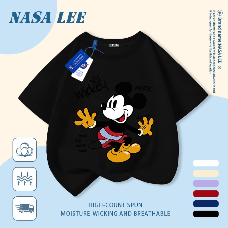 [Giao hàng trong ngày] Áo thun Cotton trắng nguyên chất thoáng khí cho trẻ em NASA Mickey in hình hợp thời trang 3-16 tuổi bé trai bé gái tay ngắn thông thường 33