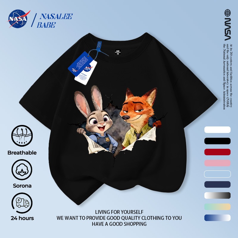 Áo phông in hình cáo và thỏ NASA, chất cotton thoáng mát, tay ngắn dành cho nam nữ trẻ em.