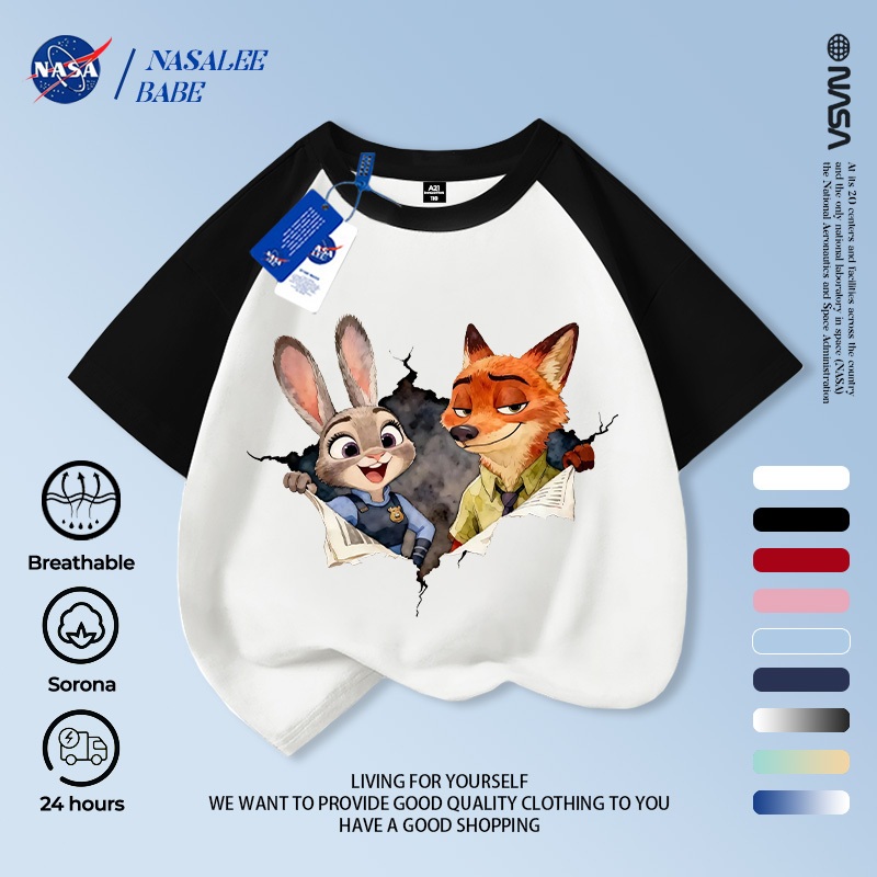 Áo phông in hình cáo và thỏ NASA, chất cotton thoáng mát, tay ngắn dành cho nam nữ trẻ em.