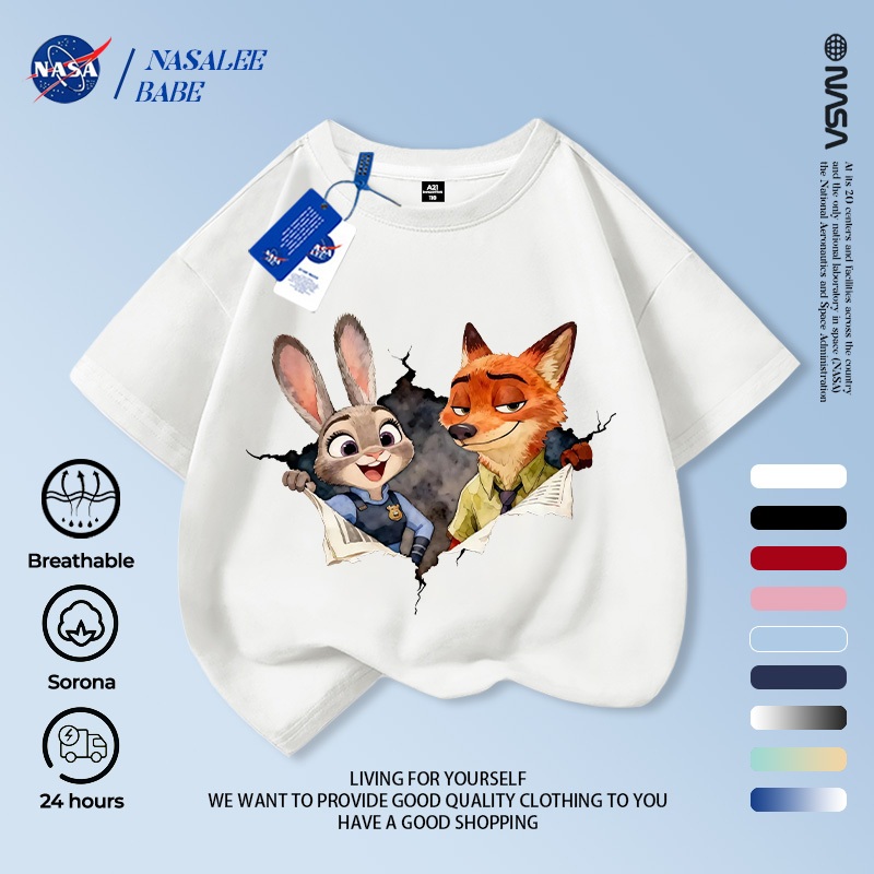 Áo phông in hình cáo và thỏ NASA, chất cotton thoáng mát, tay ngắn dành cho nam nữ trẻ em.