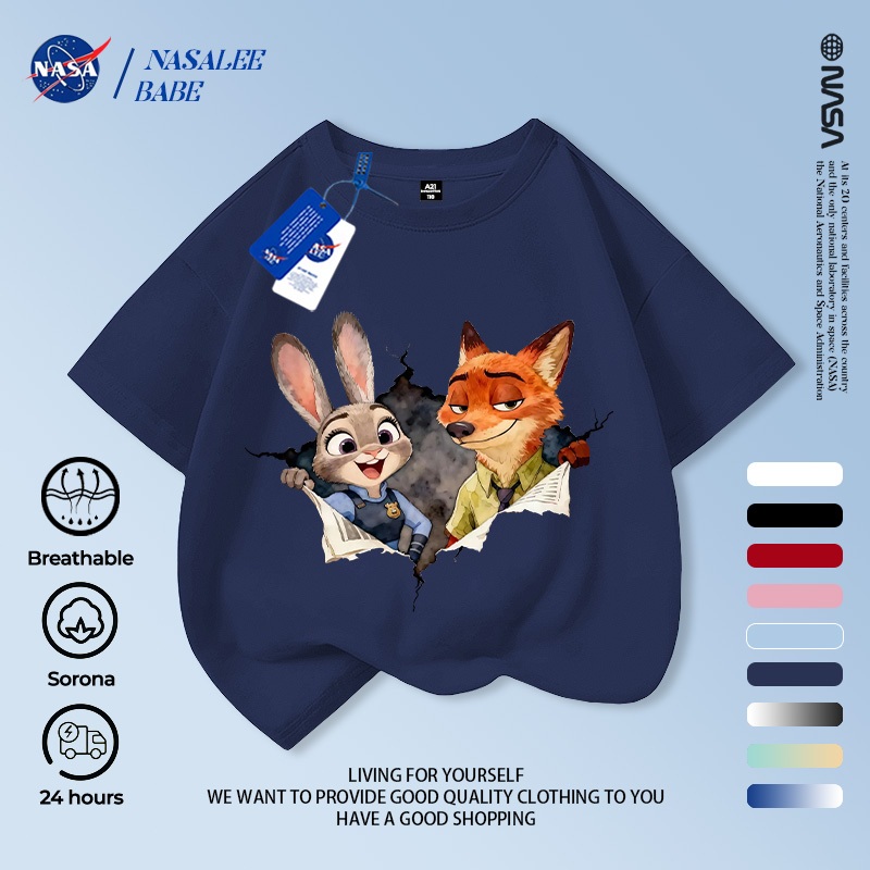 Áo phông in hình cáo và thỏ NASA, chất cotton thoáng mát, tay ngắn dành cho nam nữ trẻ em.