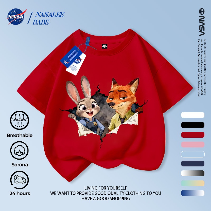 Áo phông in hình cáo và thỏ NASA, chất cotton thoáng mát, tay ngắn dành cho nam nữ trẻ em.