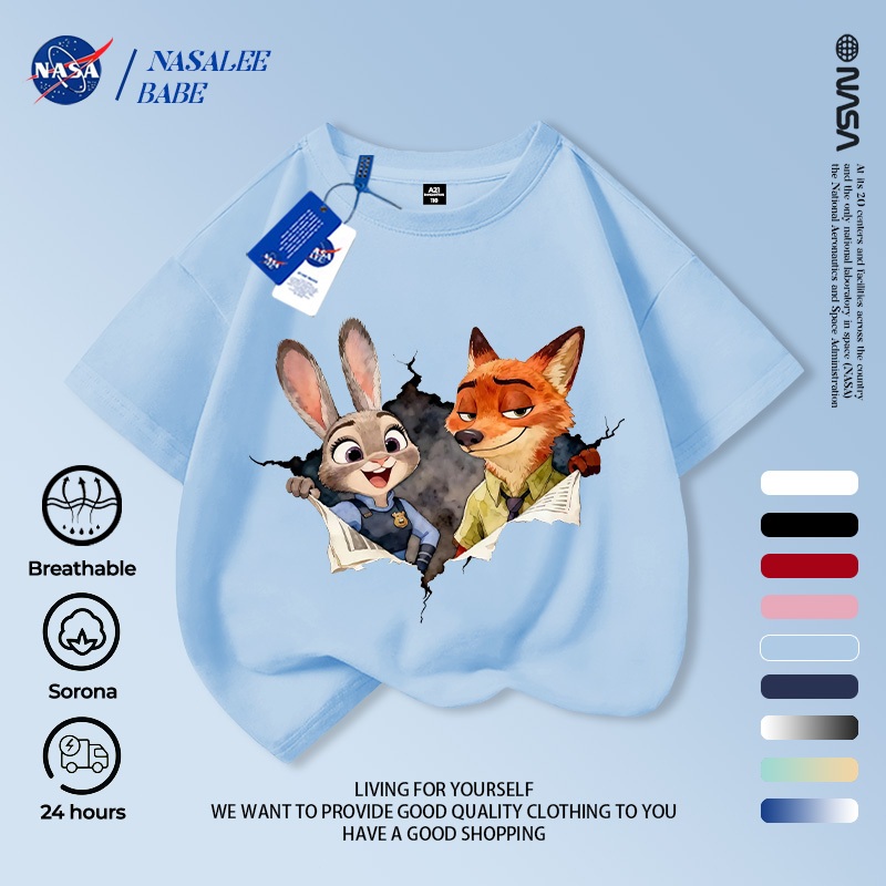 Áo phông in hình cáo và thỏ NASA, chất cotton thoáng mát, tay ngắn dành cho nam nữ trẻ em.