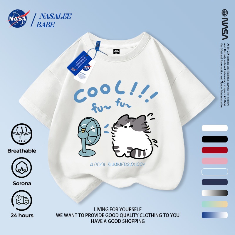Áo phông in hình mèo NASA, chất cotton thoáng mát, tay ngắn dành cho nam nữ trẻ em.