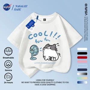 Áo phông in hình mèo NASA, chất cotton thoáng mát, tay ngắn dành cho nam nữ trẻ em.