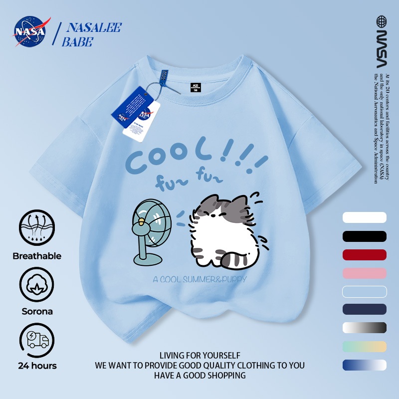 Áo phông in hình mèo NASA, chất cotton thoáng mát, tay ngắn dành cho nam nữ trẻ em.