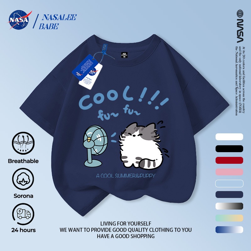 Áo phông in hình mèo NASA, chất cotton thoáng mát, tay ngắn dành cho nam nữ trẻ em.
