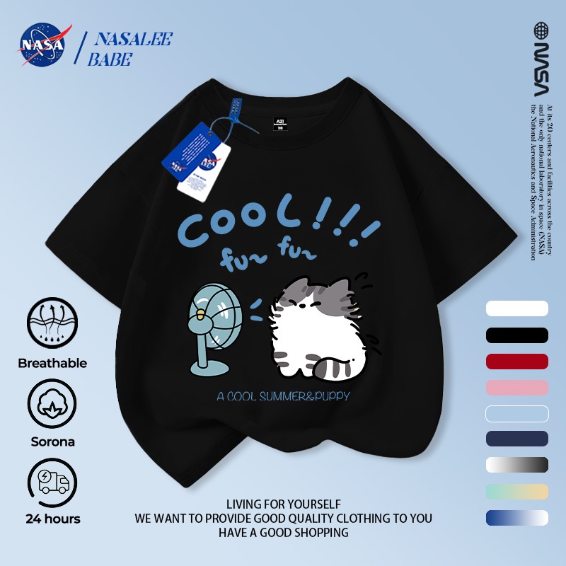 Áo phông in hình mèo NASA, chất cotton thoáng mát, tay ngắn dành cho nam nữ trẻ em.