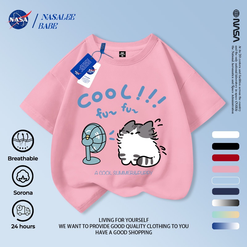 Áo phông in hình mèo NASA, chất cotton thoáng mát, tay ngắn dành cho nam nữ trẻ em.