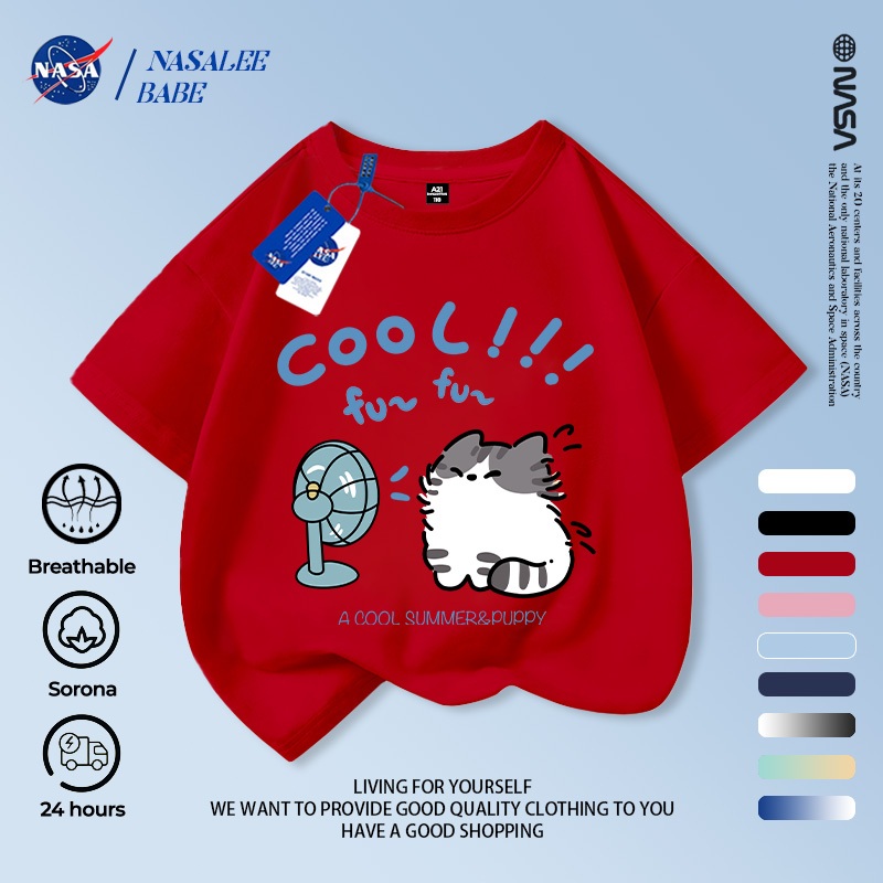 Áo phông in hình mèo NASA, chất cotton thoáng mát, tay ngắn dành cho nam nữ trẻ em.