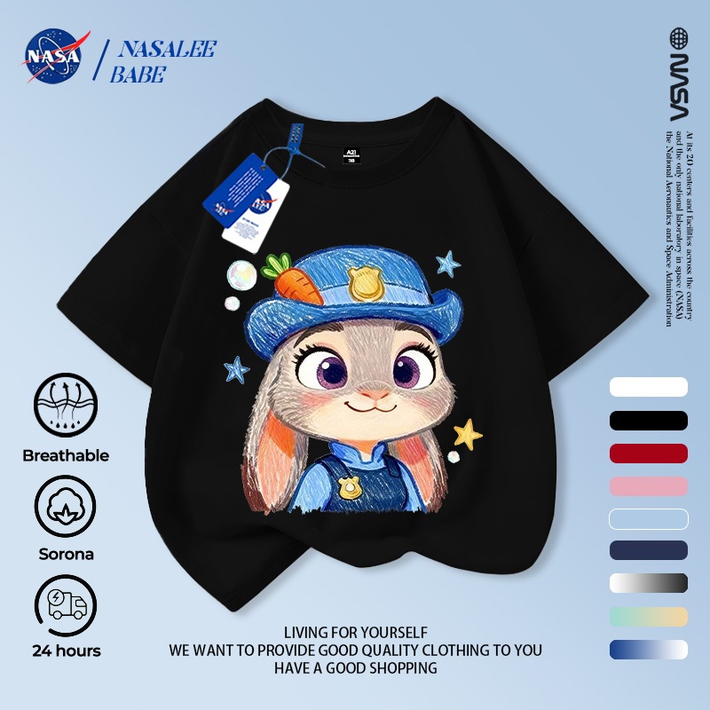 Áo phông NASA cho nam nữ trẻ em, chất cotton, in hình thỏ, tay ngắn mùa hè, giao hàng trong 24 giờ.