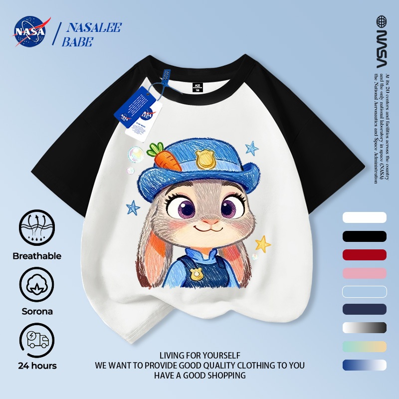 Áo phông NASA cho nam nữ trẻ em, chất cotton, in hình thỏ, tay ngắn mùa hè, giao hàng trong 24 giờ.