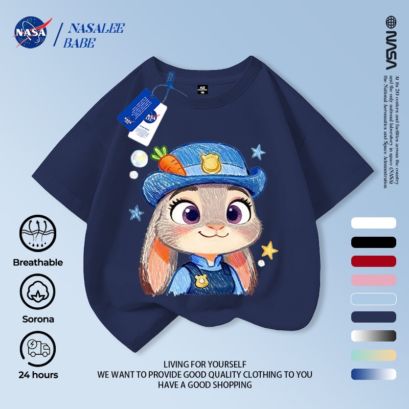 Áo phông NASA cho nam nữ trẻ em, chất cotton, in hình thỏ, tay ngắn mùa hè, giao hàng trong 24 giờ.