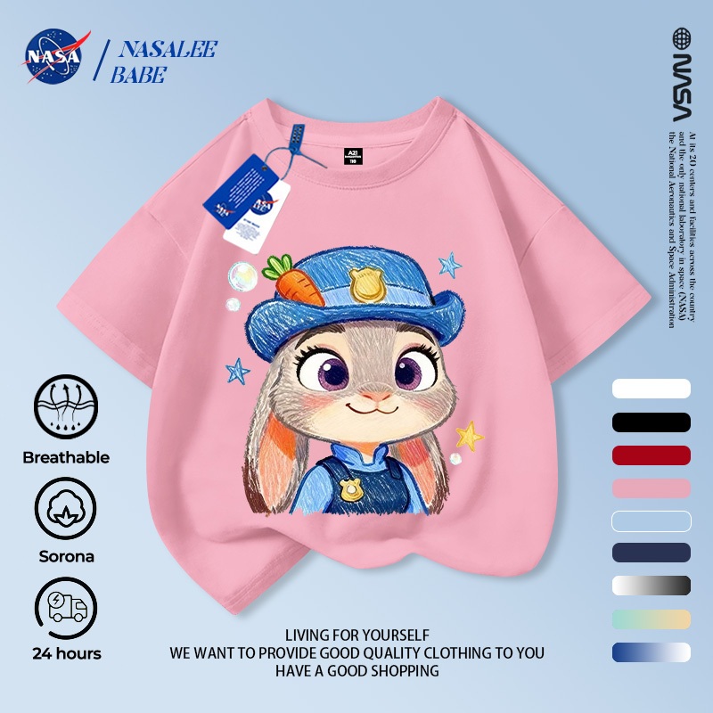 Áo phông NASA cho nam nữ trẻ em, chất cotton, in hình thỏ, tay ngắn mùa hè, giao hàng trong 24 giờ.