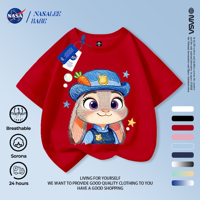 Áo phông NASA cho nam nữ trẻ em, chất cotton, in hình thỏ, tay ngắn mùa hè, giao hàng trong 24 giờ.