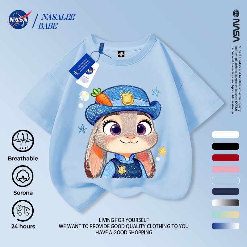 Áo phông NASA cho nam nữ trẻ em, chất cotton, in hình thỏ, tay ngắn mùa hè, giao hàng trong 24 giờ.