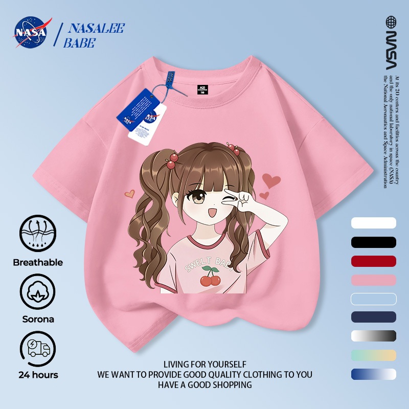 Áo phông dễ thương cho bé gái NASA, chất cotton, tay ngắn thoáng mát, giao hàng trong 24 giờ.