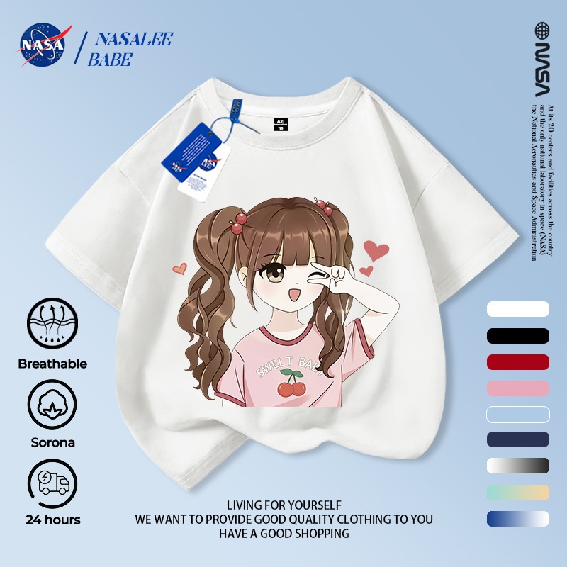 Áo phông dễ thương cho bé gái NASA, chất cotton, tay ngắn thoáng mát, giao hàng trong 24 giờ.