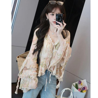Áo sơ mi dài tay họa tiết hoa kiểu Hàn Quốc dành cho nữ