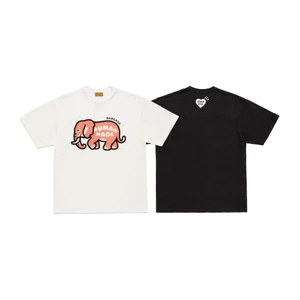 H & M Style Unisex Hồng Voi & Trái Tim In Logo Áo Thun Cotton Tay Ngắn